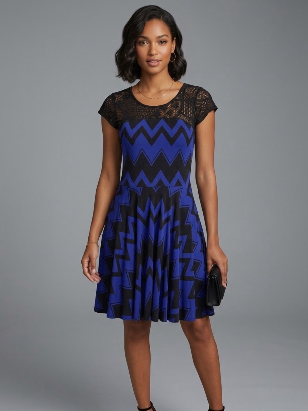 Julia Blue Black Chevron Lace Yoke Fit & Flare Dress Sz S/M